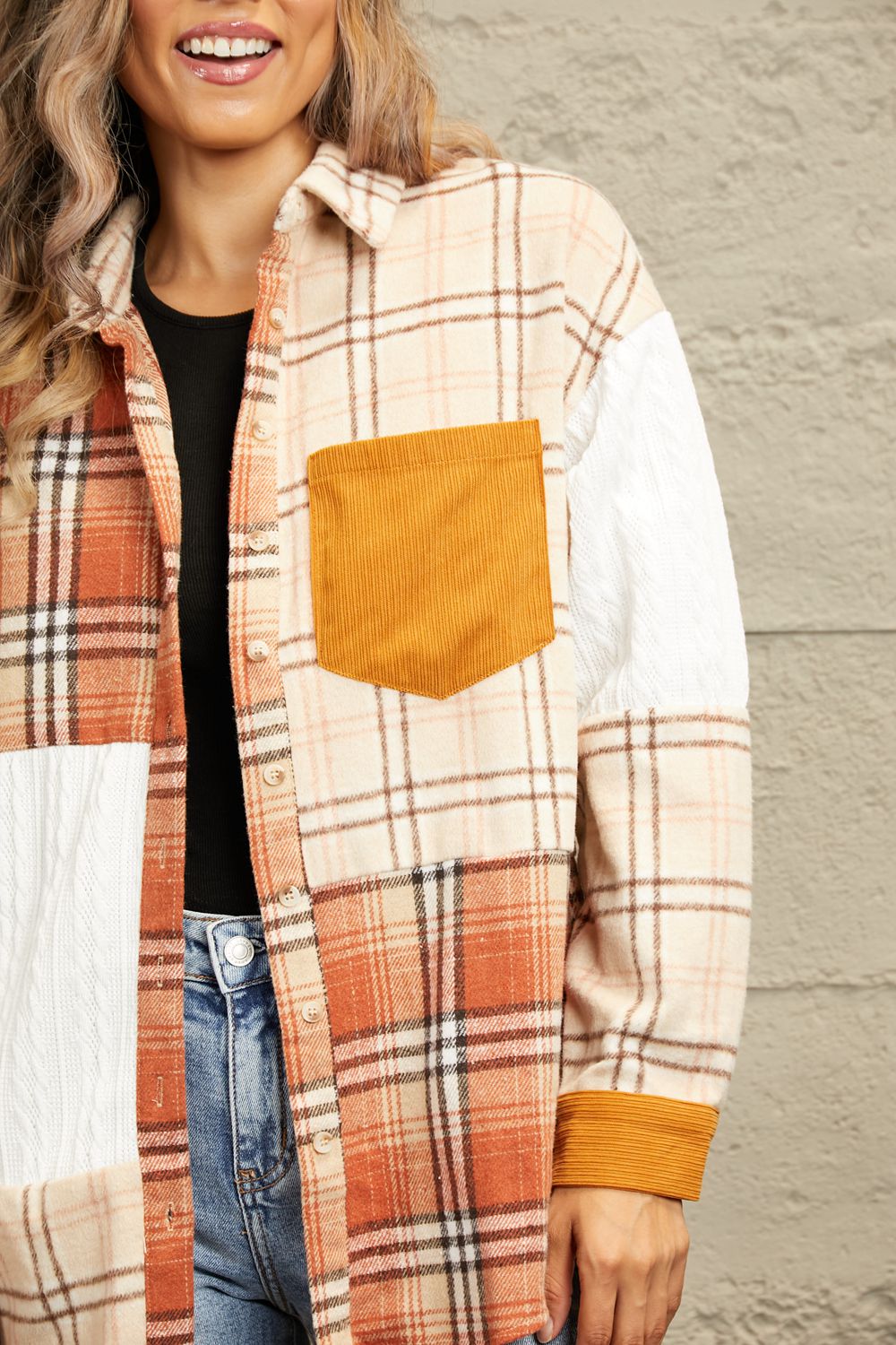 Double Take Plaid Color Block Dropped Shoulder Shacket