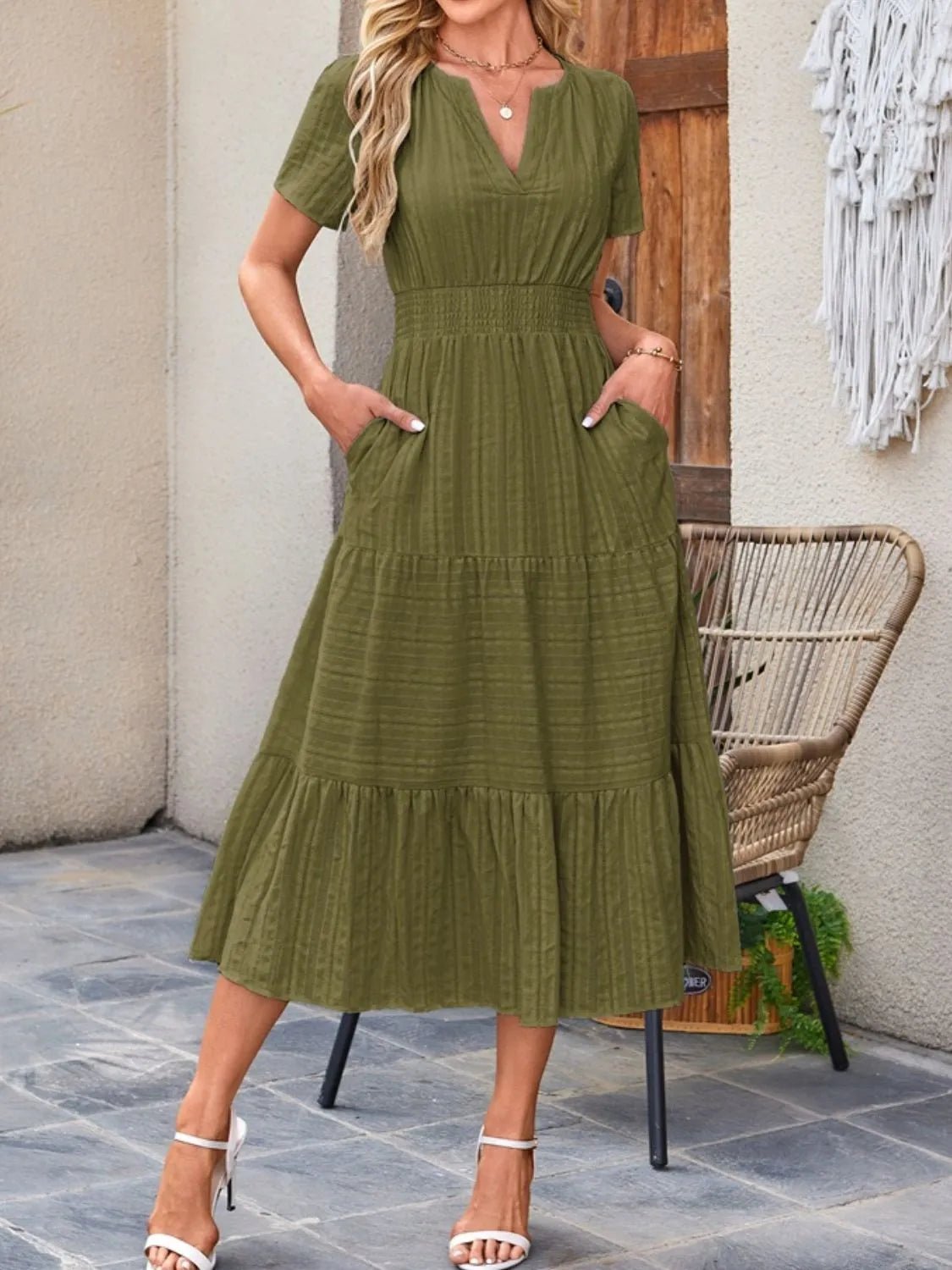 Tiered Notched Short Sleeve Dress - JUST - JEN BOUTIQUE