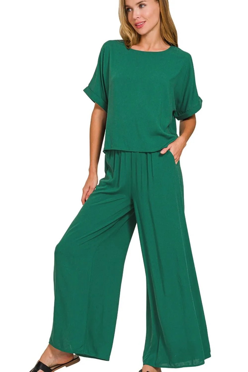 Zenana Round Neck T-Shirt and Wide Leg Pants Set - JUST - JEN BOUTIQUE