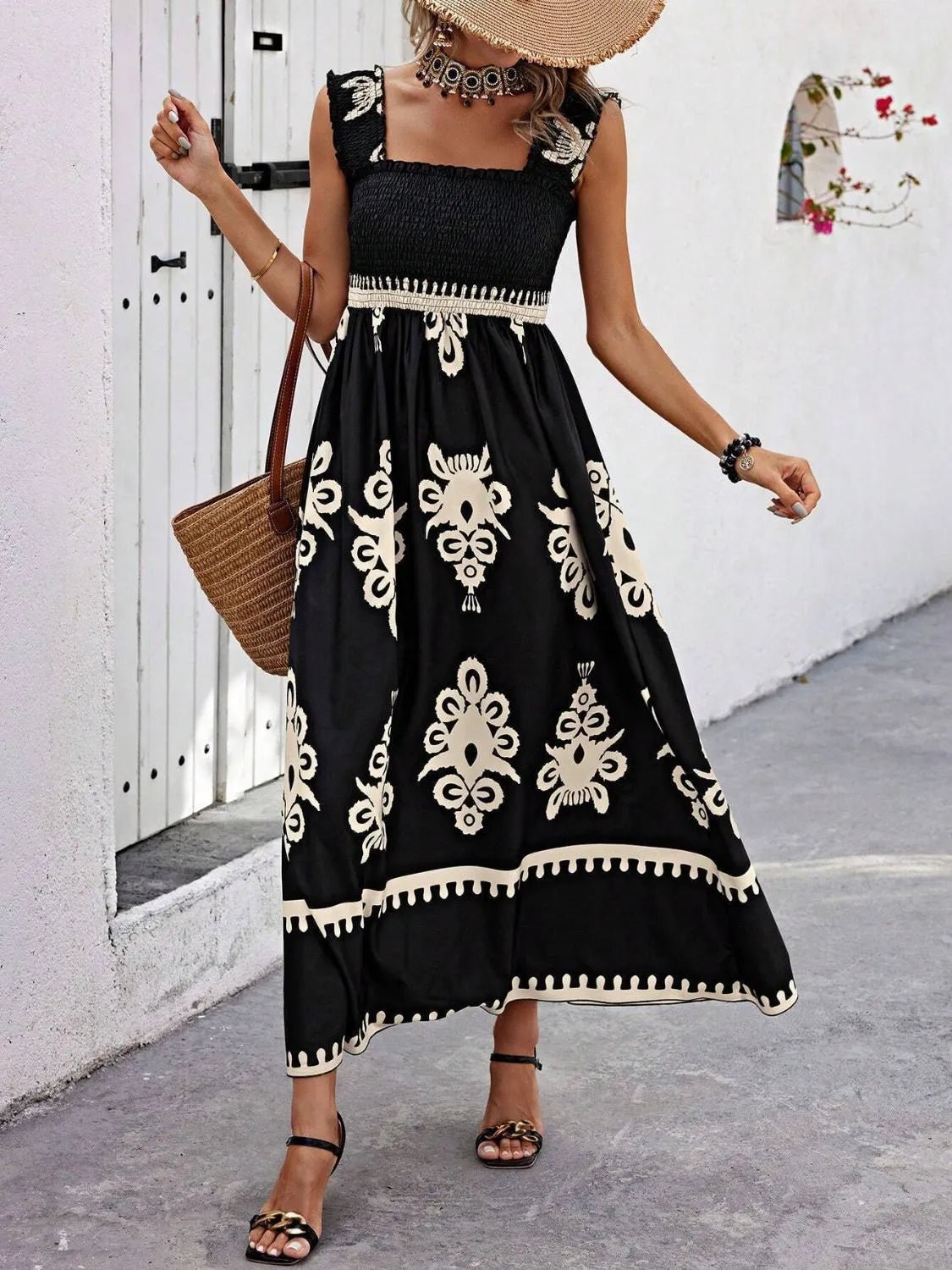 Smocked Printed Wide Strap Maxi Dress - JUST - JEN BOUTIQUE