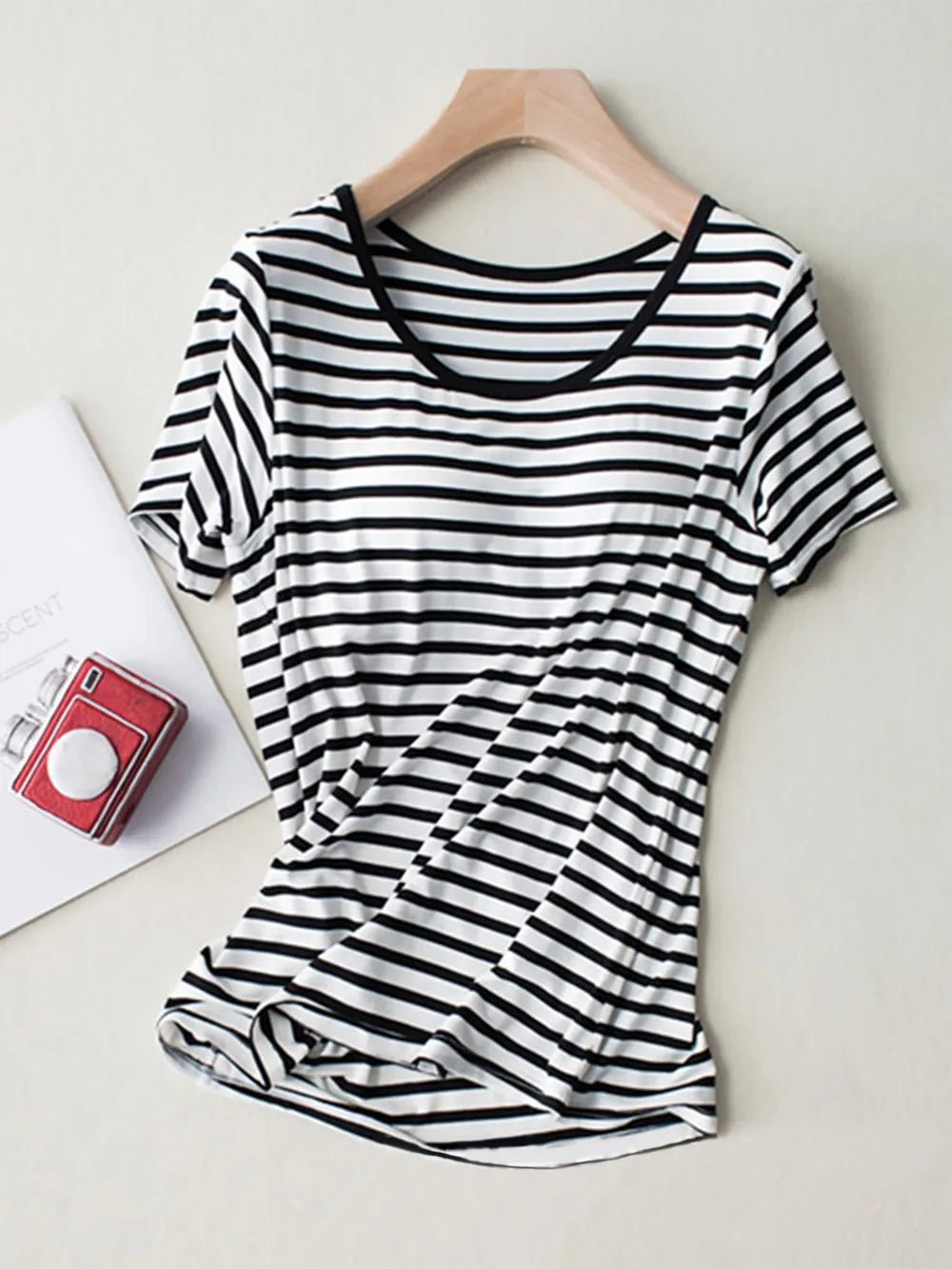 Striped Round Neck Short Sleeve T-Shirt with Bra - JUST - JEN BOUTIQUE