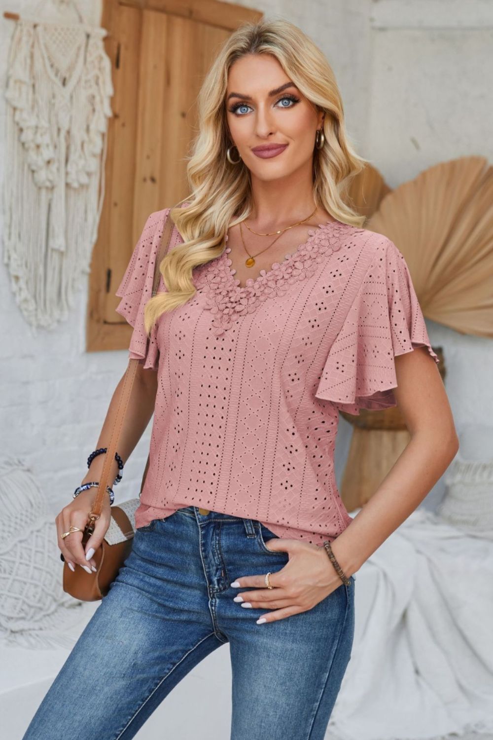 Eyelet Applique V-Neck Cap Sleeve T-Shirt