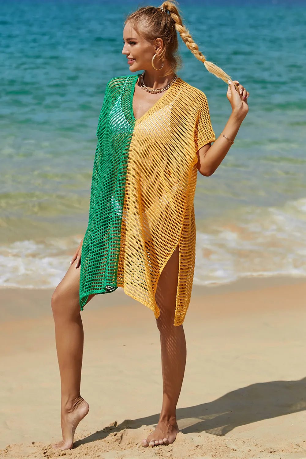 Angel Wings Openwork Contrast Slit Knit Cover Up - JUST - JEN BOUTIQUE