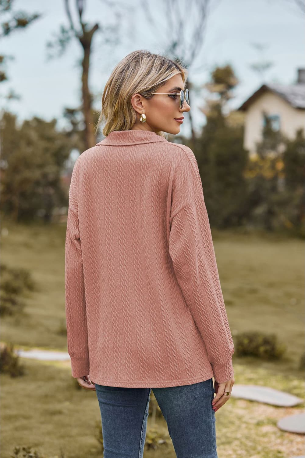 Collared Neck Cable - Knit Long Sleeve Blouse - JUST - JEN BOUTIQUE