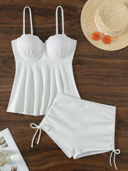 Textured Drawstring Spaghetti Strap Two-Piece Swim Set