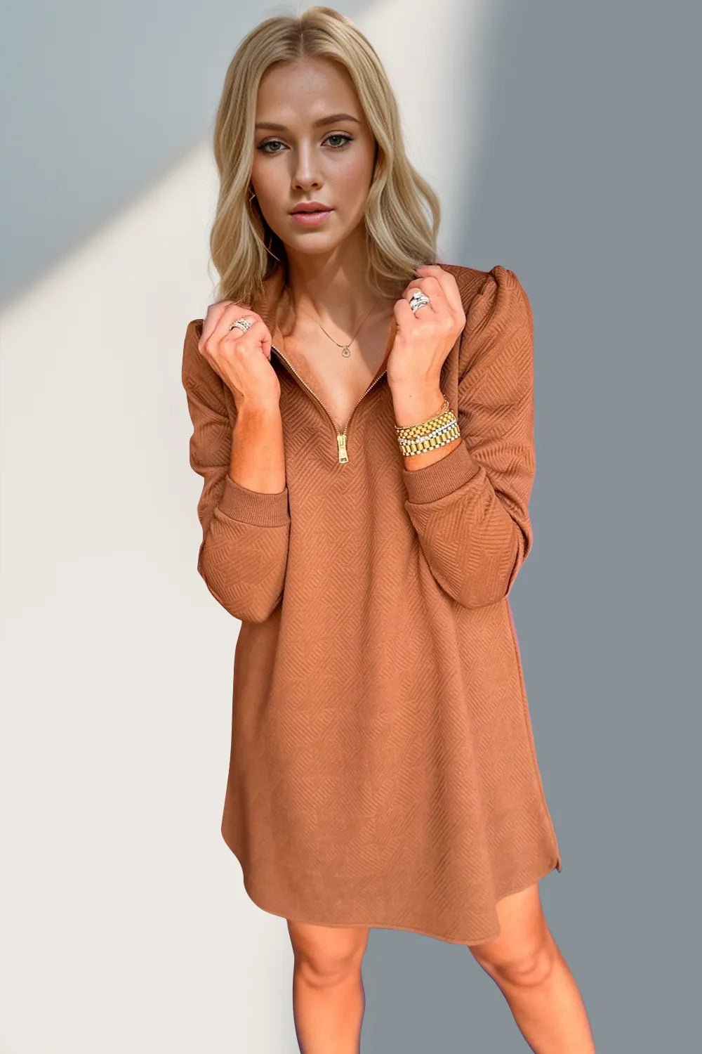 Double Take Textured Quarter Zip Long Sleeve Dress - JUST - JEN BOUTIQUE