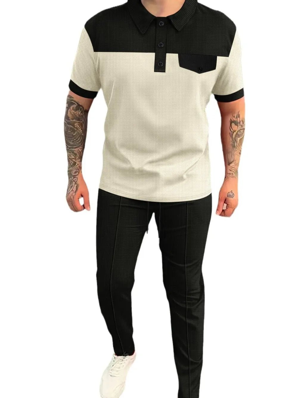Men‘s Full Size Waffle - Knit Contrast Top and Pants Set Plus Size - JUST - JEN BOUTIQUE