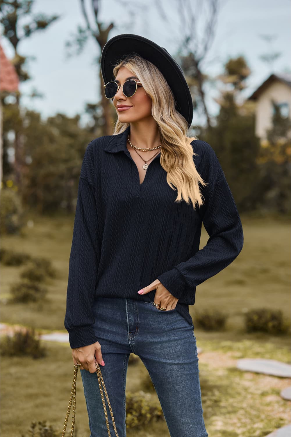 Collared Neck Cable - Knit Long Sleeve Blouse - JUST - JEN BOUTIQUE