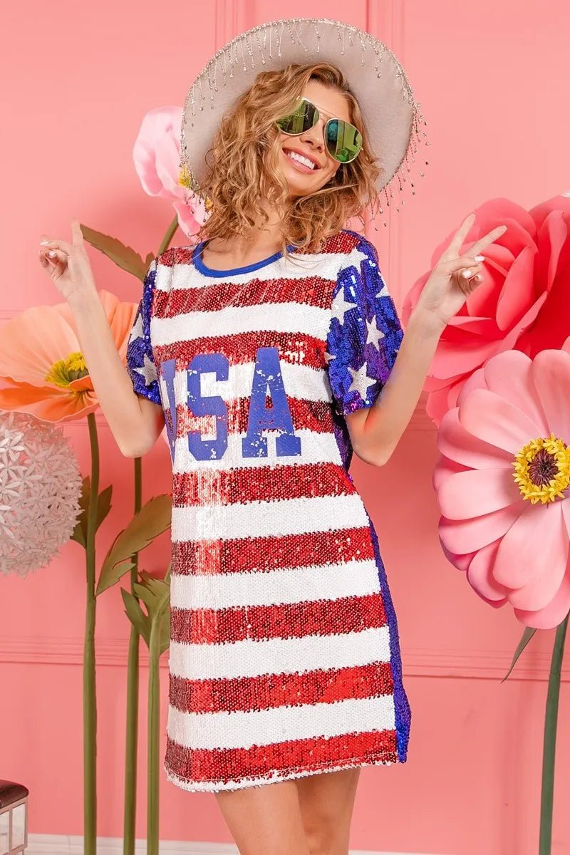 BiBi American Flag Theme Usa Print Sequin Dress - JUST - JEN BOUTIQUE