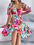 Ruffled Hem Smocked Floral Short Sleeve Midi Dress - JUST - JEN BOUTIQUE