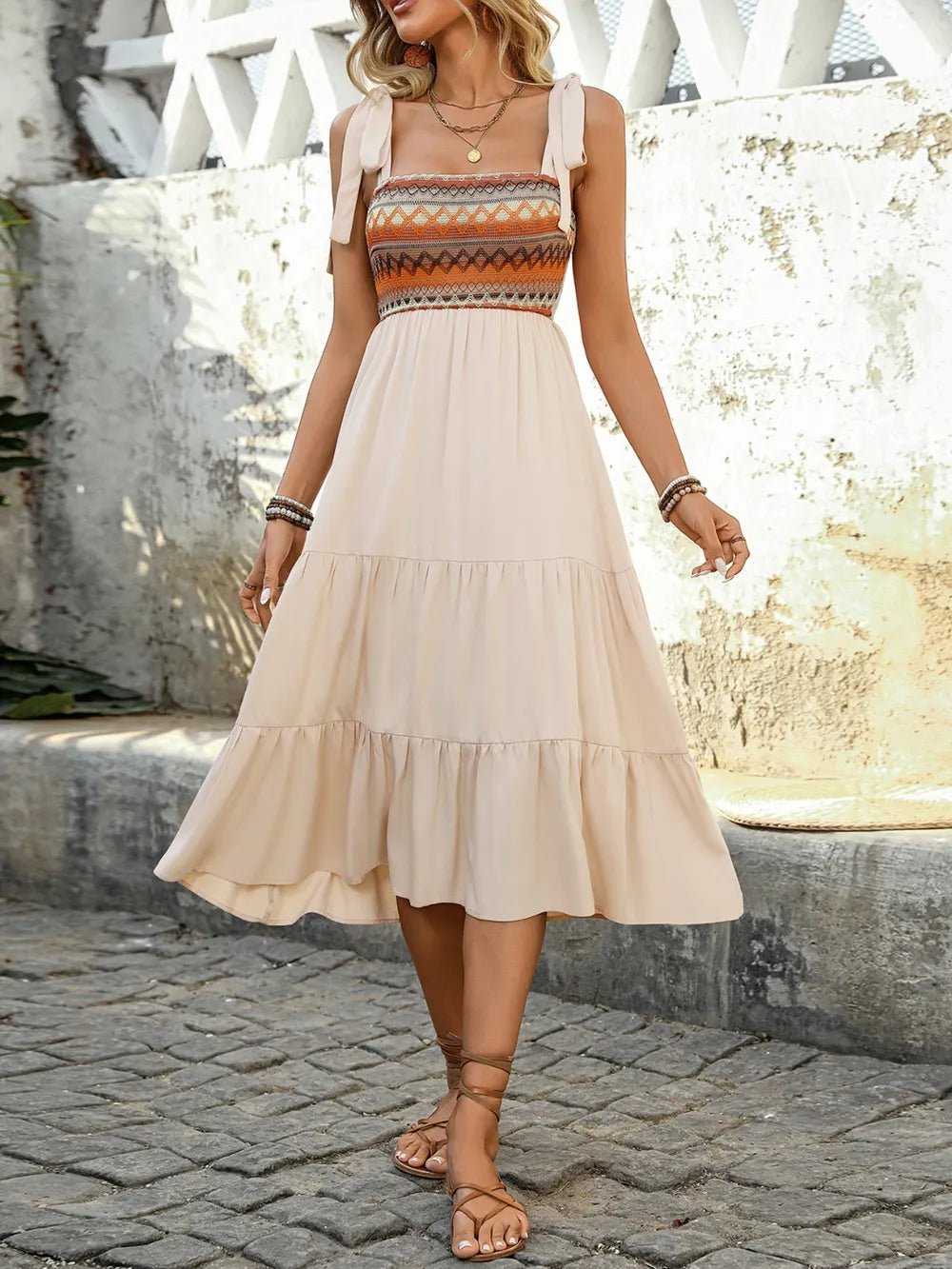 Tie Shoulder Square Neck Tiered Midi Dress - JUST - JEN BOUTIQUE