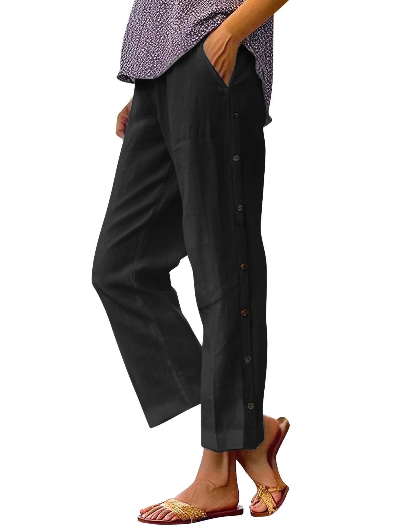 Full Size Side Decor Button Casual Wide Leg Pants Plus Size - JUST - JEN BOUTIQUE