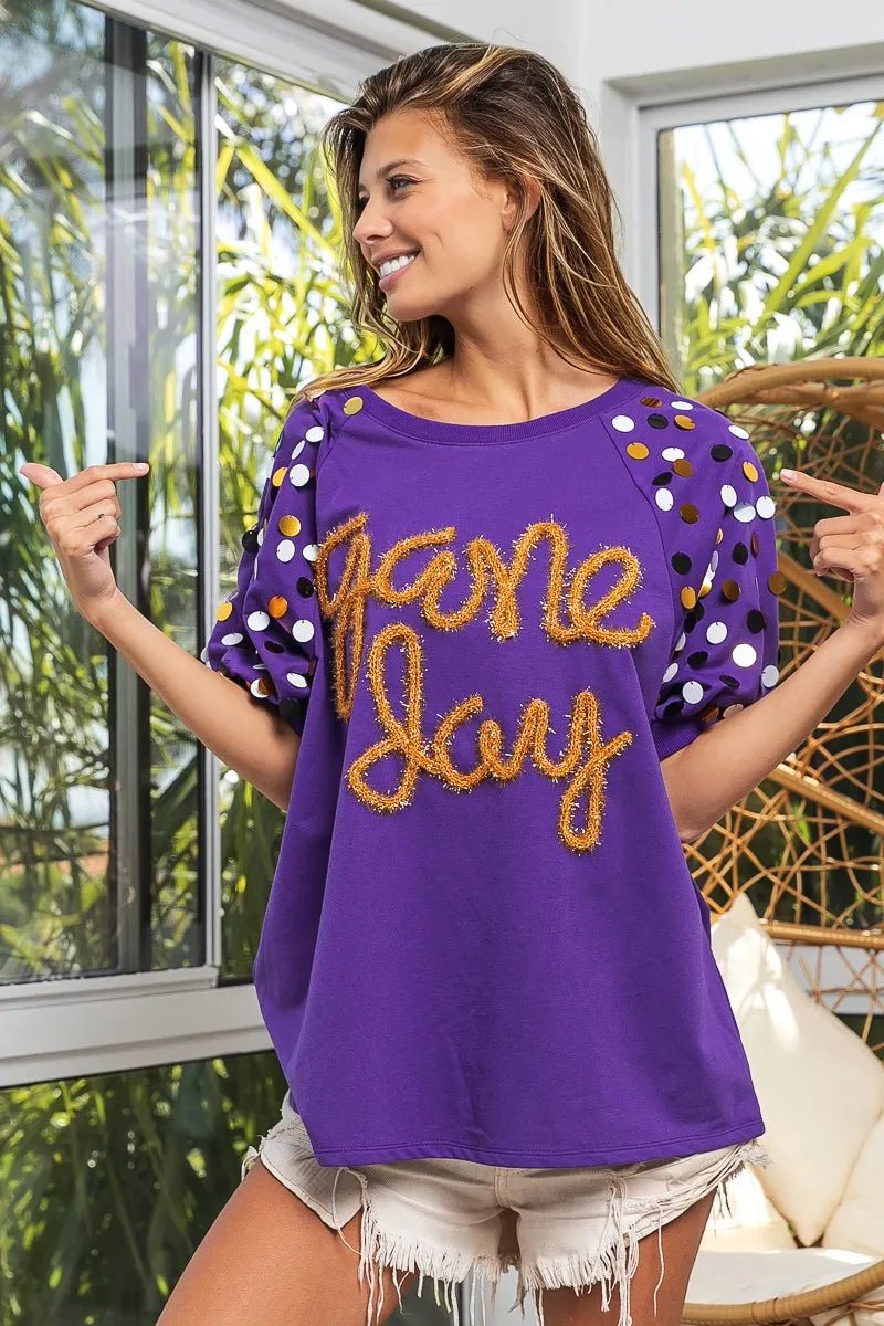 BiBi Game Day Metallic Letter Spangle Sleeve Top - JUST - JEN BOUTIQUE