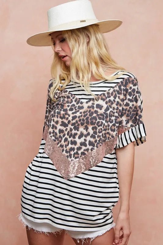 BiBi Stripe Rayon Span Knit Color Block Top With Leopard - JUST - JEN BOUTIQUE