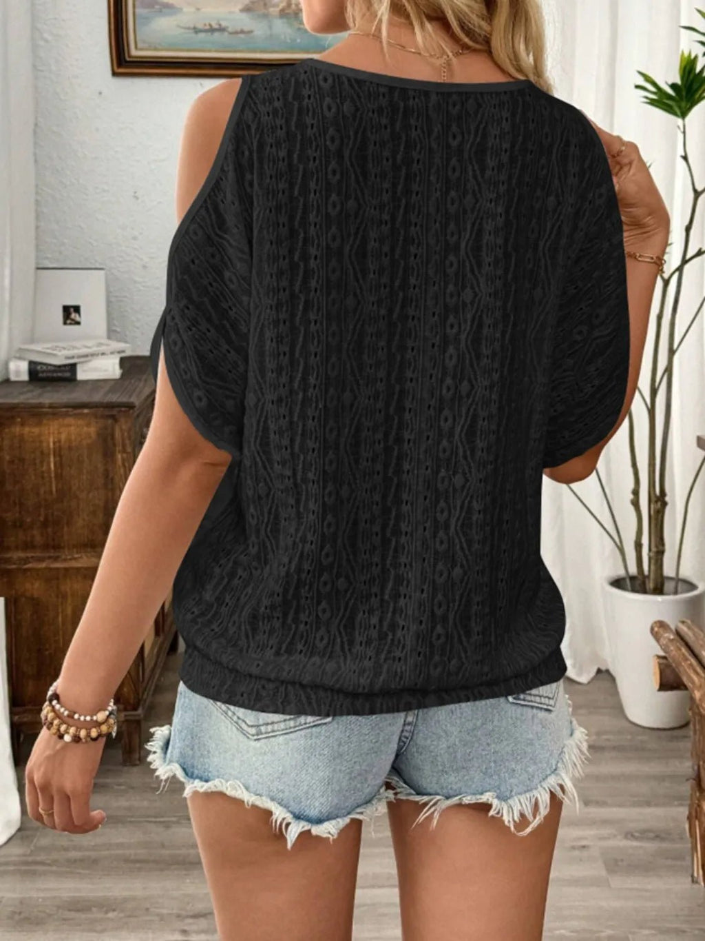 Eyelet Cold Shoulder Round Neck Blouse - JUST - JEN BOUTIQUE