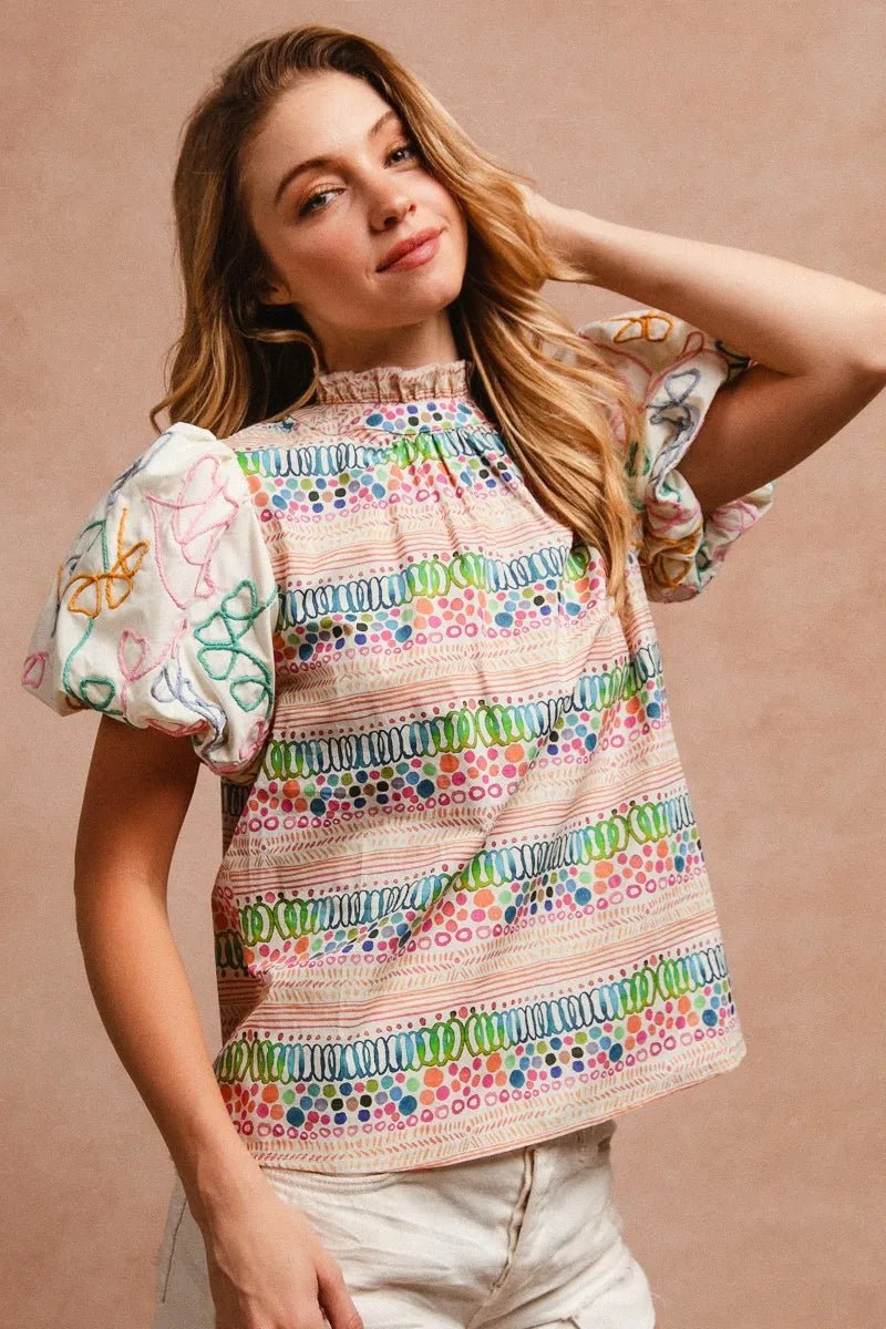 BiBi Ruffle Neckline Blouse With Embroidery Bubble Sleeve - JUST - JEN BOUTIQUE