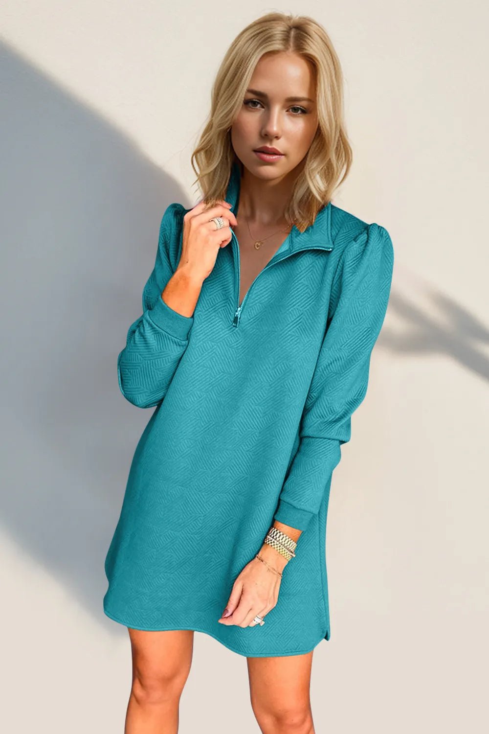 Double Take Textured Quarter Zip Long Sleeve Dress - JUST - JEN BOUTIQUE