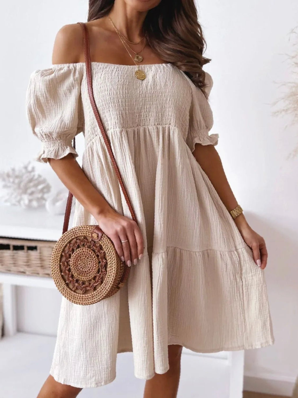 Smocked Off - Shoulder Mini Dress - JUST - JEN BOUTIQUE
