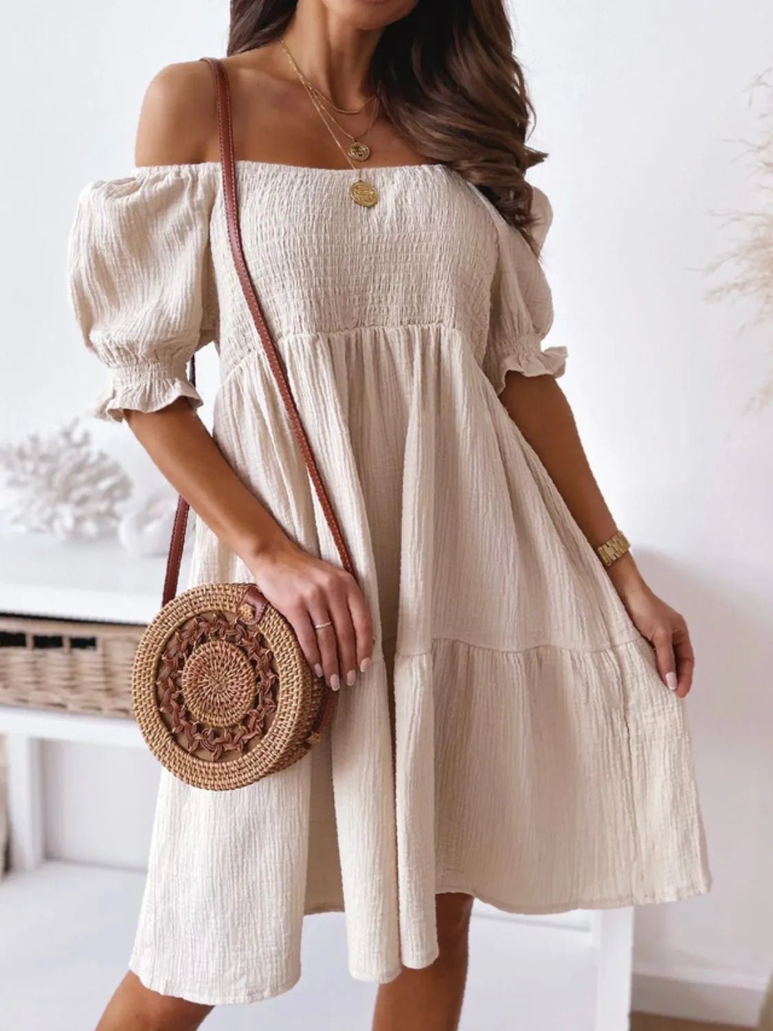 Smocked Off - Shoulder Mini Dress - JUST - JEN BOUTIQUE