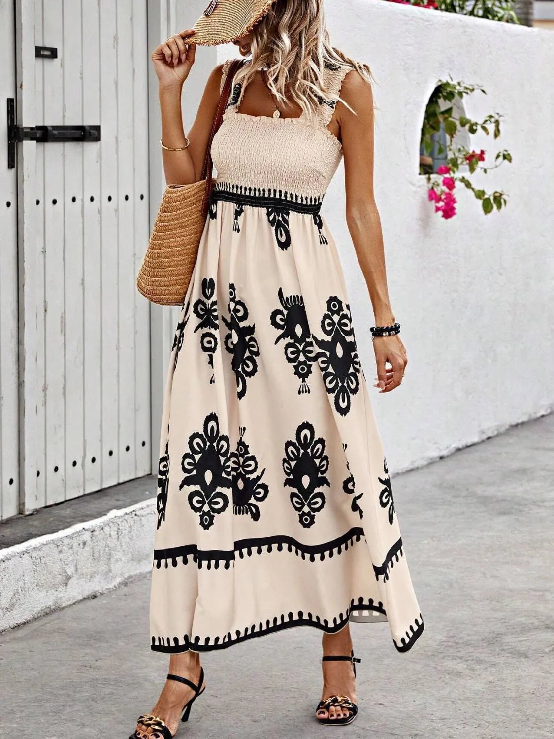 Smocked Printed Wide Strap Maxi Dress - JUST - JEN BOUTIQUE