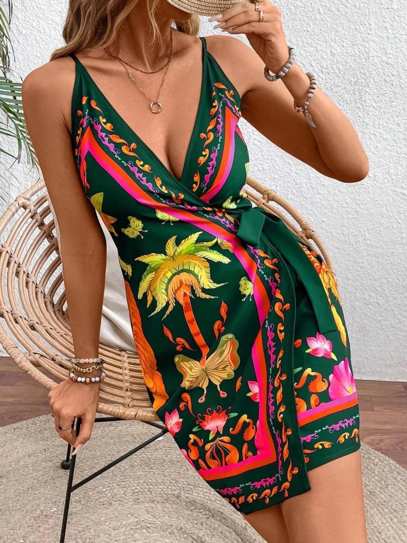 Floral Print Spaghetti Strap Wrap Mini Dress - JUST - JEN BOUTIQUE