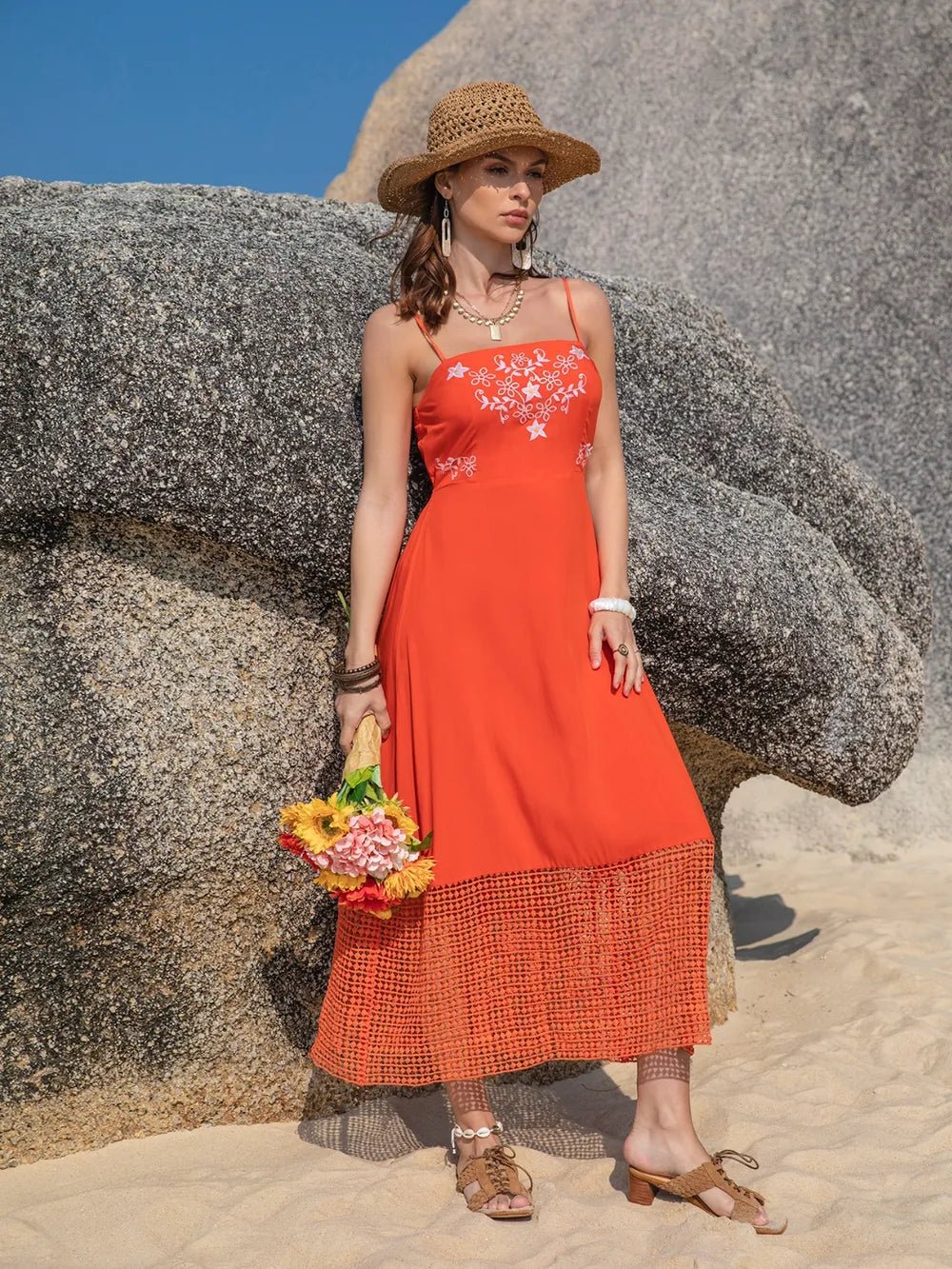 Embroidered Square Neck Midi Cami Dress - JUST - JEN BOUTIQUE