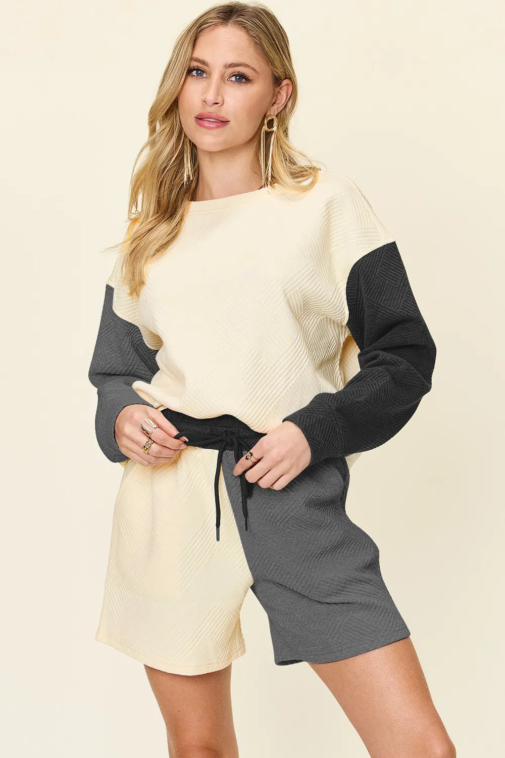 Double Take Full Size Contrast Drop Shoulder Top and Shorts Set - JUST - JEN BOUTIQUE