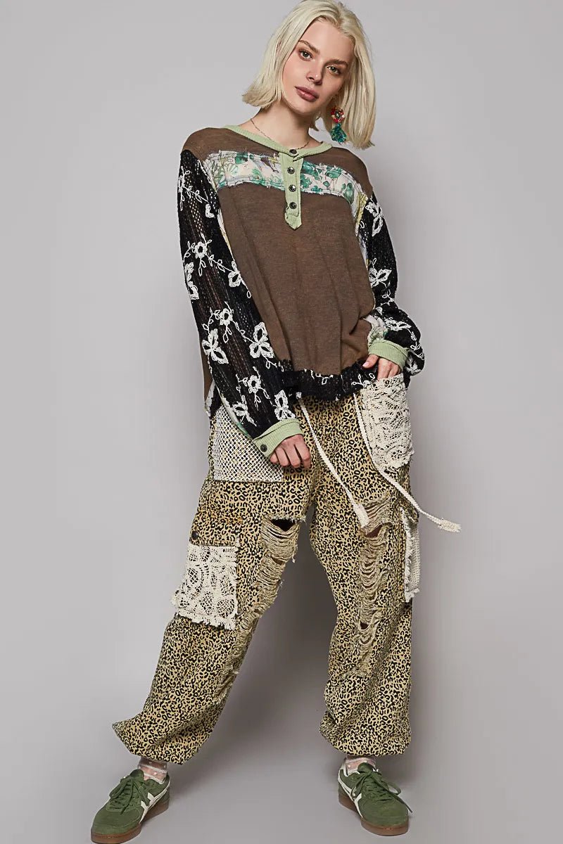 POL Button Detail Floral Patchwork Crochet Sleeve Blouse - JUST - JEN BOUTIQUE