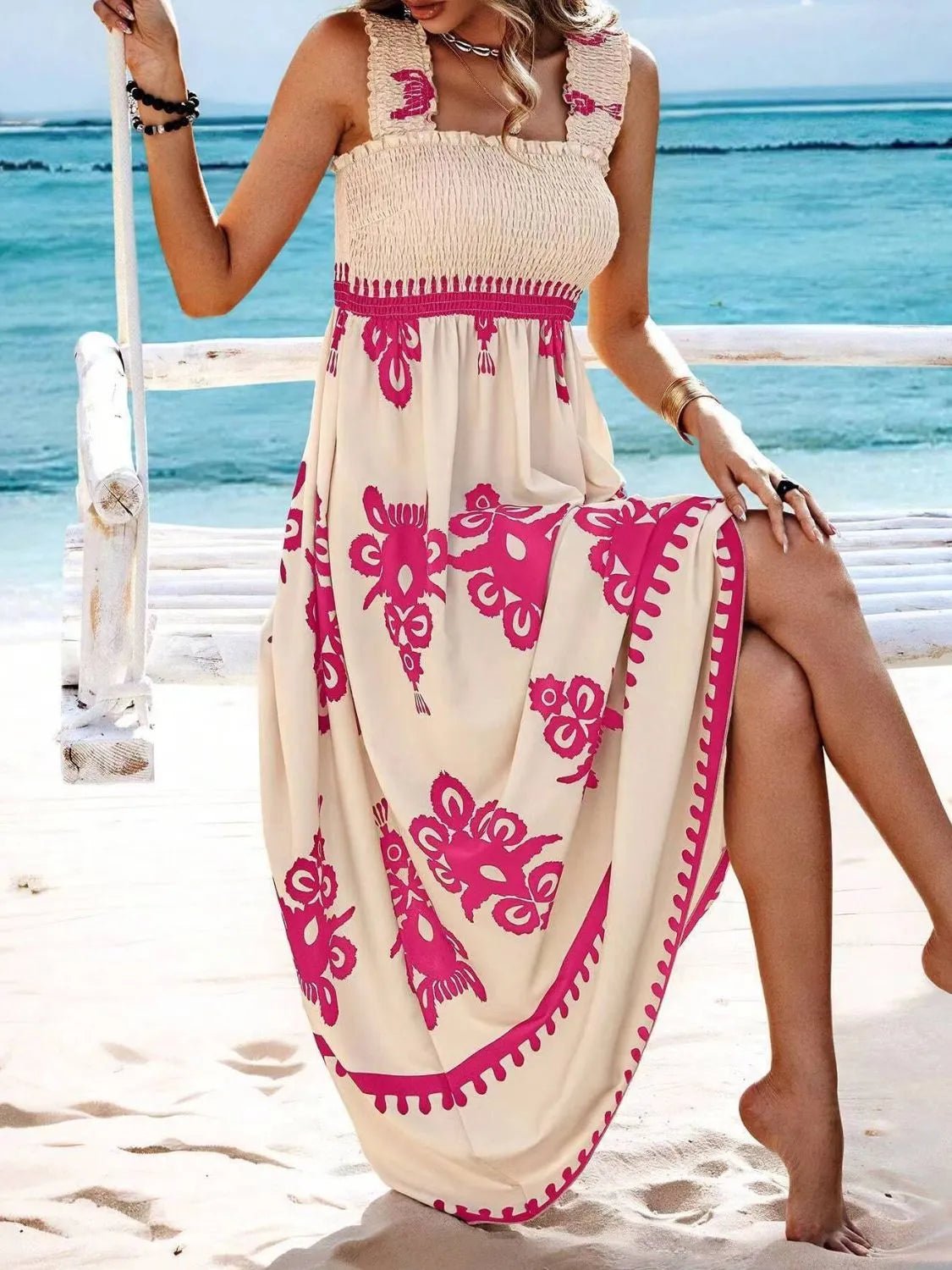 Smocked Printed Wide Strap Maxi Dress - JUST - JEN BOUTIQUE