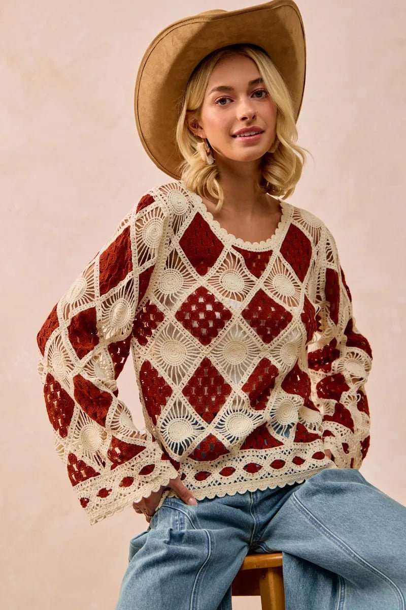 BiBi Diamond Crochet Knit Top - JUST - JEN BOUTIQUE
