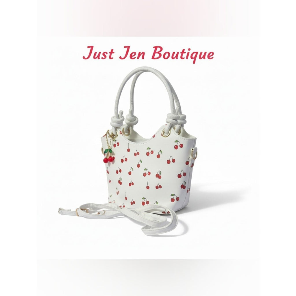 Cherry Print Faux Leather Crossbody Handbag Purse w/ Cherry Bag Charm