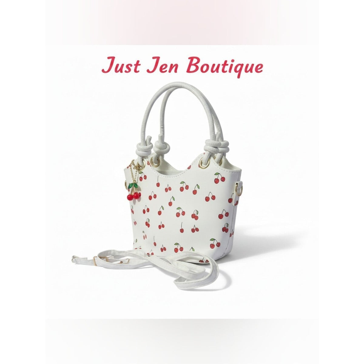 Cherry Print Faux Leather Crossbody Handbag Purse w/ Cherry Bag Charm