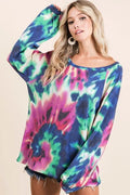 BiBi Tie Dye Print Terry Top with Puff Sleeves - JUST - JEN BOUTIQUE