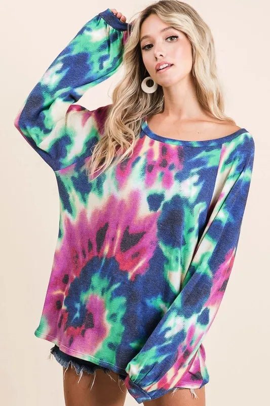 BiBi Tie Dye Print Terry Top with Puff Sleeves - JUST - JEN BOUTIQUE