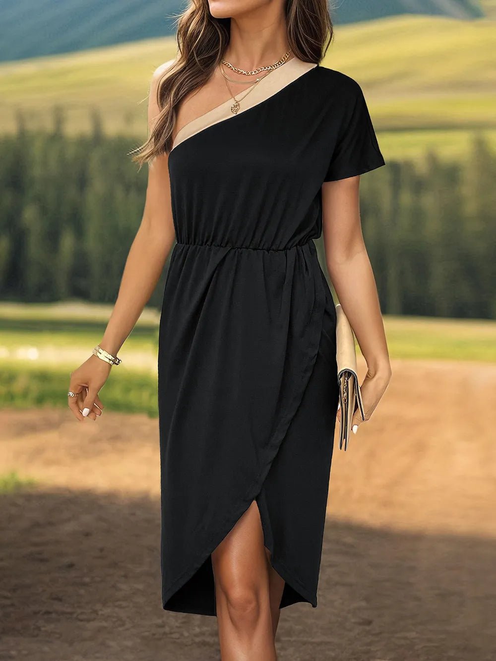 Perfee Slit Single Shoulder Short Sleeve Midi Dress - JUST - JEN BOUTIQUE