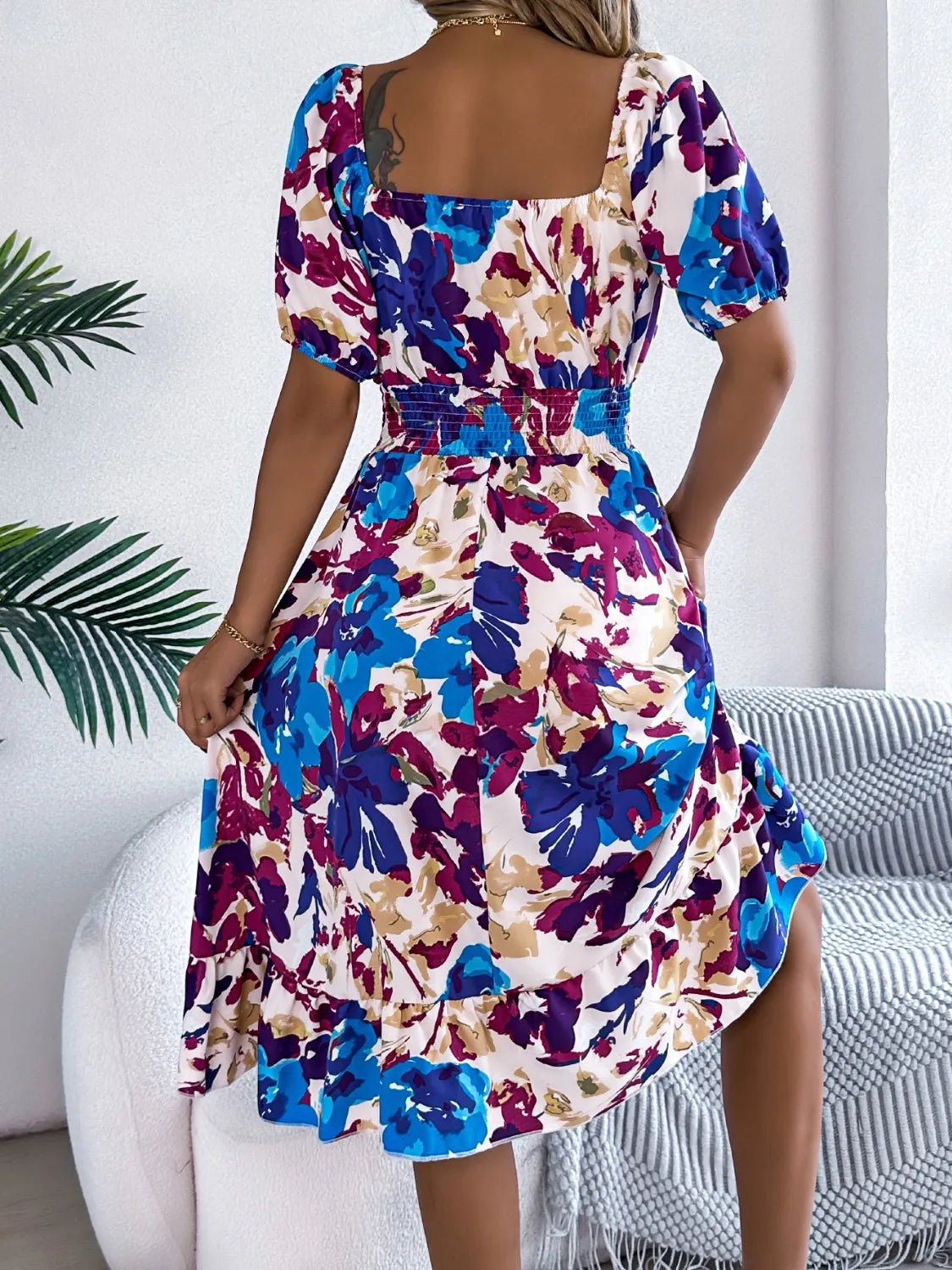 Ruffled Hem Smocked Floral Short Sleeve Midi Dress - JUST - JEN BOUTIQUE