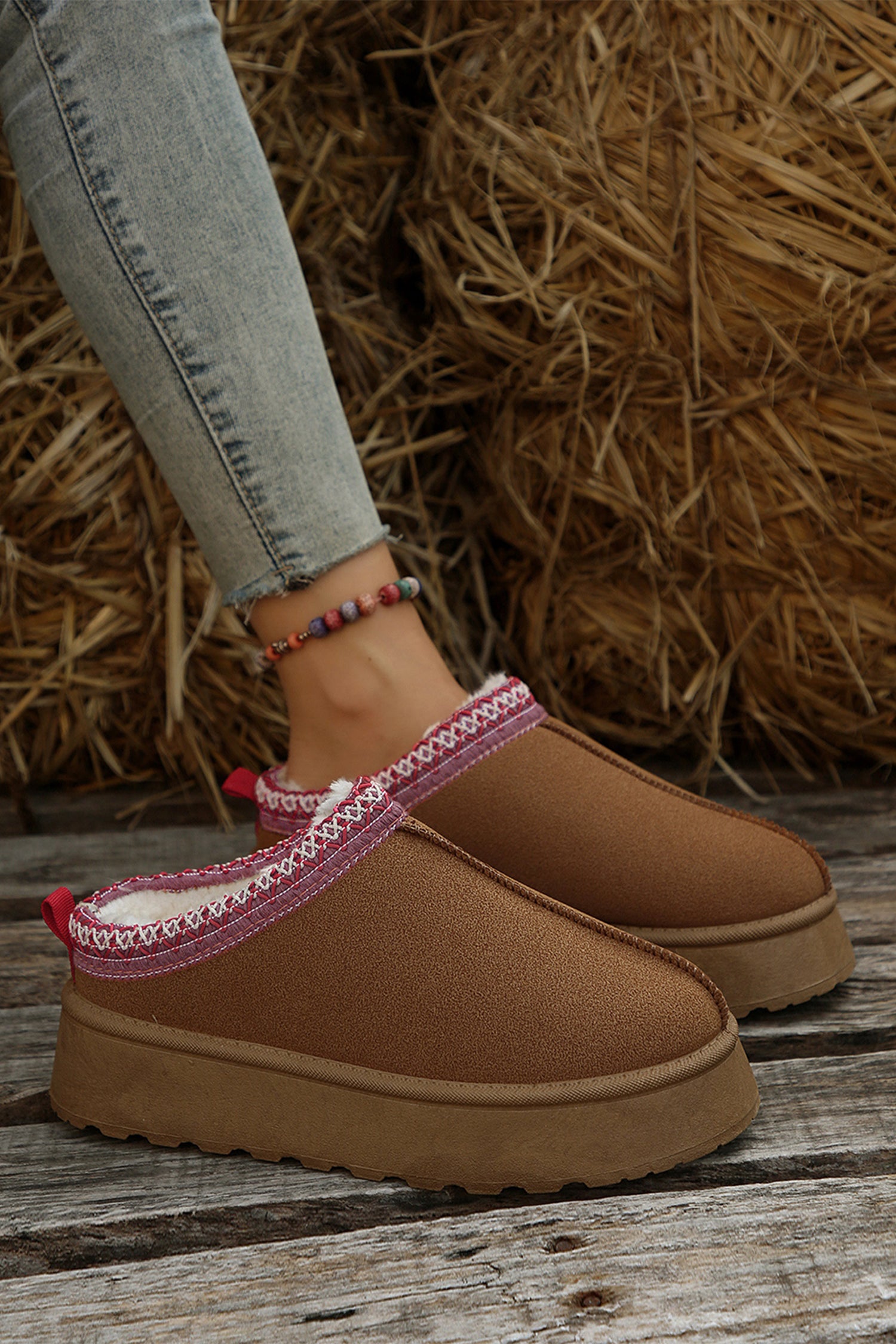 Chestnut Suede Contrast Print Plush Lined Snow Boots