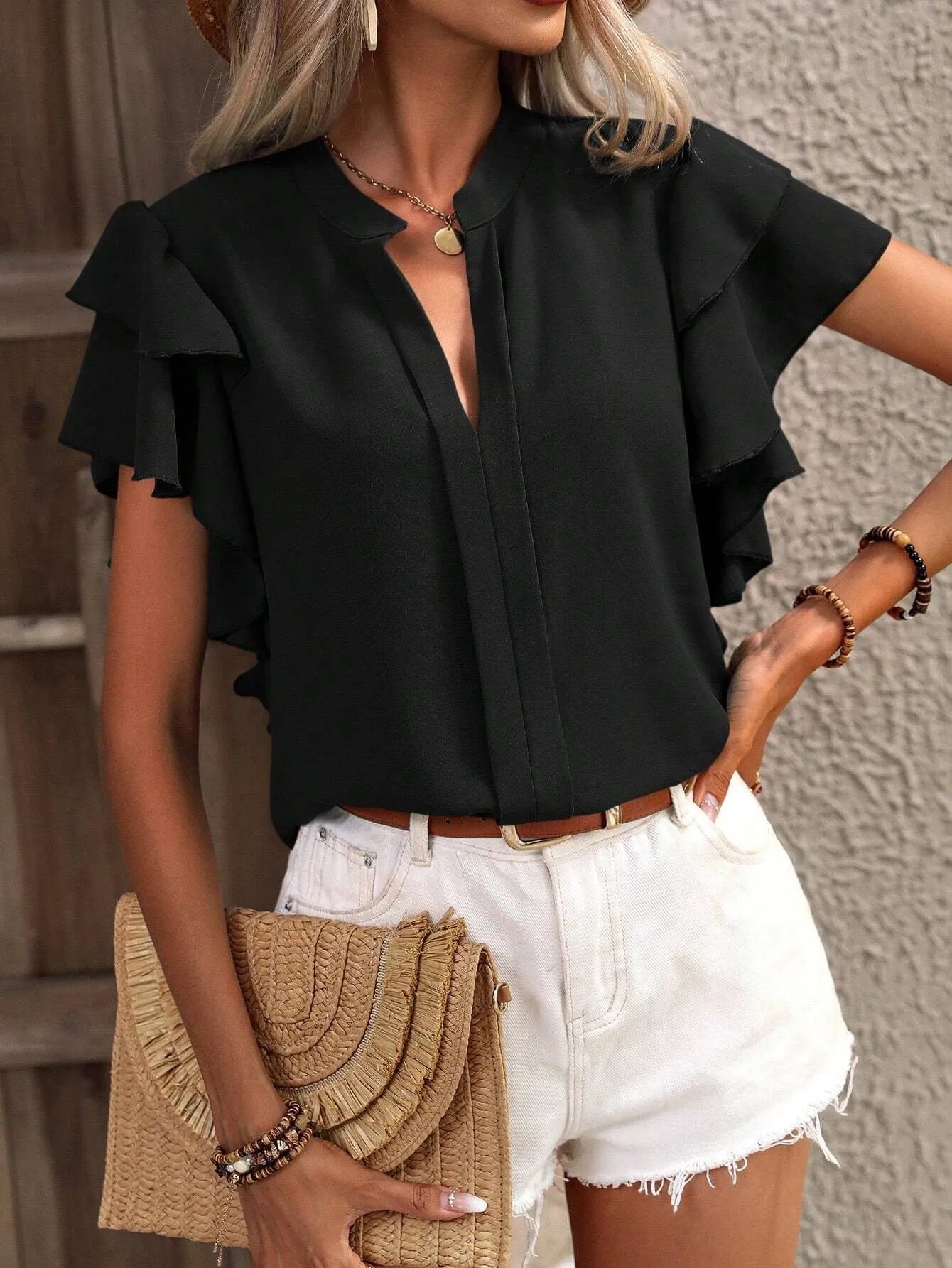 Ruffle Sleeve Notched Blouse - JUST - JEN BOUTIQUE