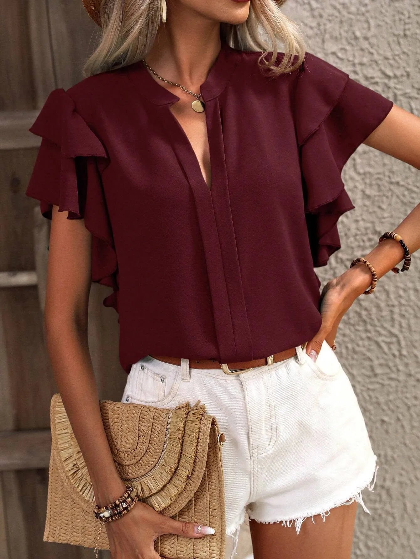 Ruffle Sleeve Notched Blouse - JUST - JEN BOUTIQUE