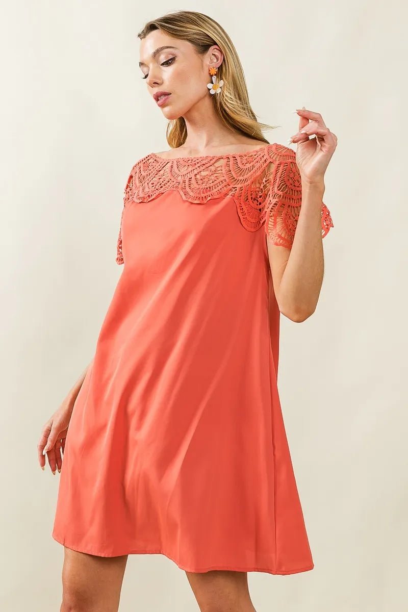 BiBi Crochet Lace Yoke Detailed Wrinkled Dress - JUST - JEN BOUTIQUE