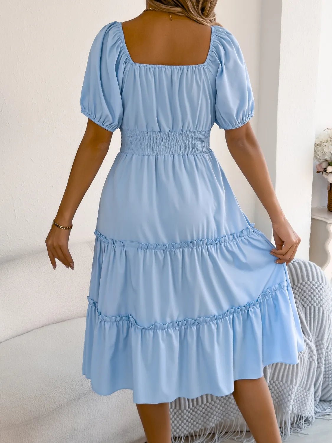 Square Neck Short Puff Sleeve Dress - JUST - JEN BOUTIQUE