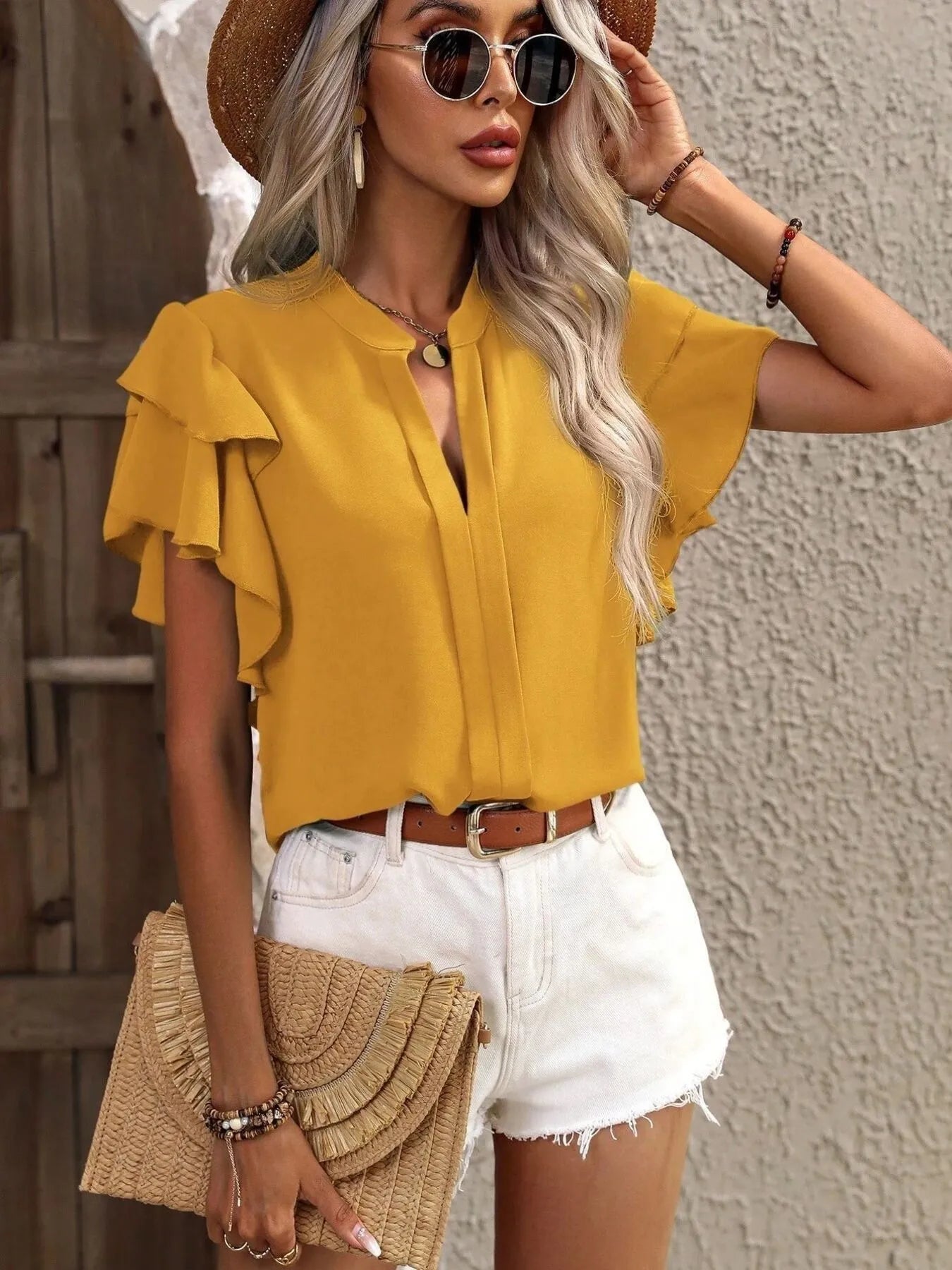 Ruffle Sleeve Notched Blouse - JUST - JEN BOUTIQUE