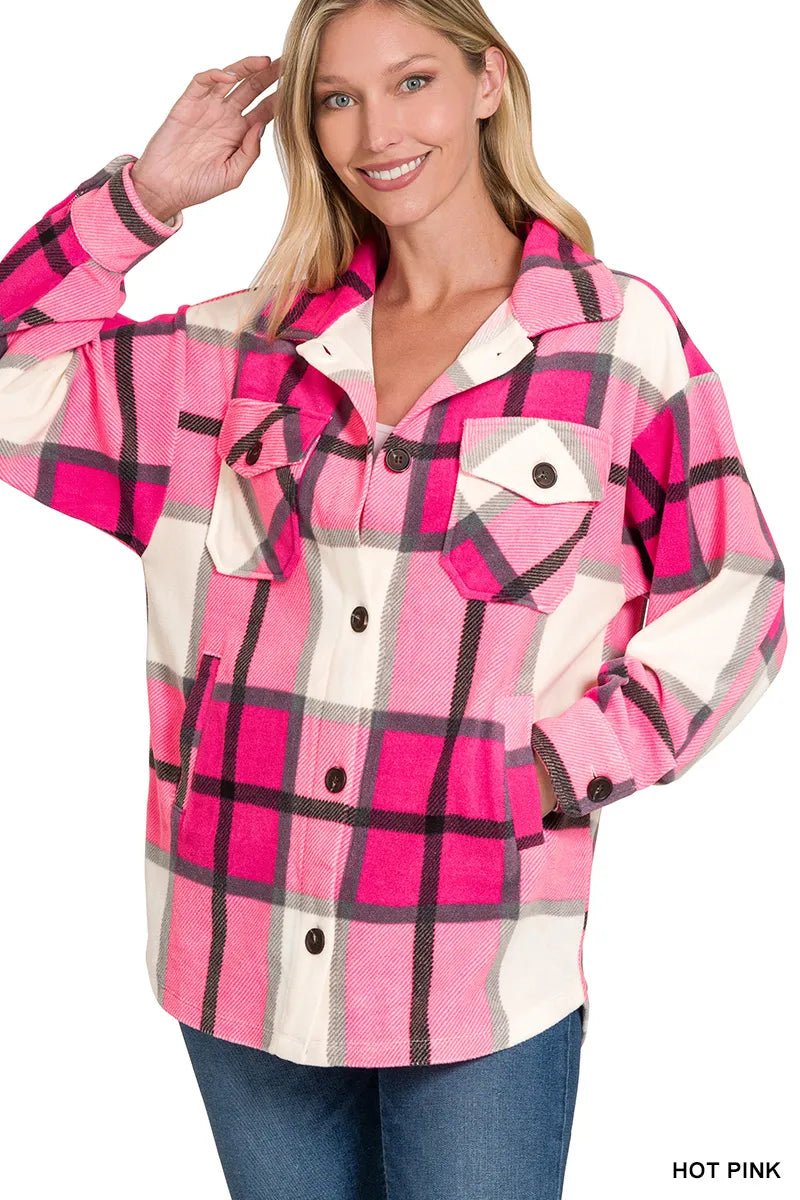 Zenana Oversized Plaid Fleece Shacket - JUST - JEN BOUTIQUE