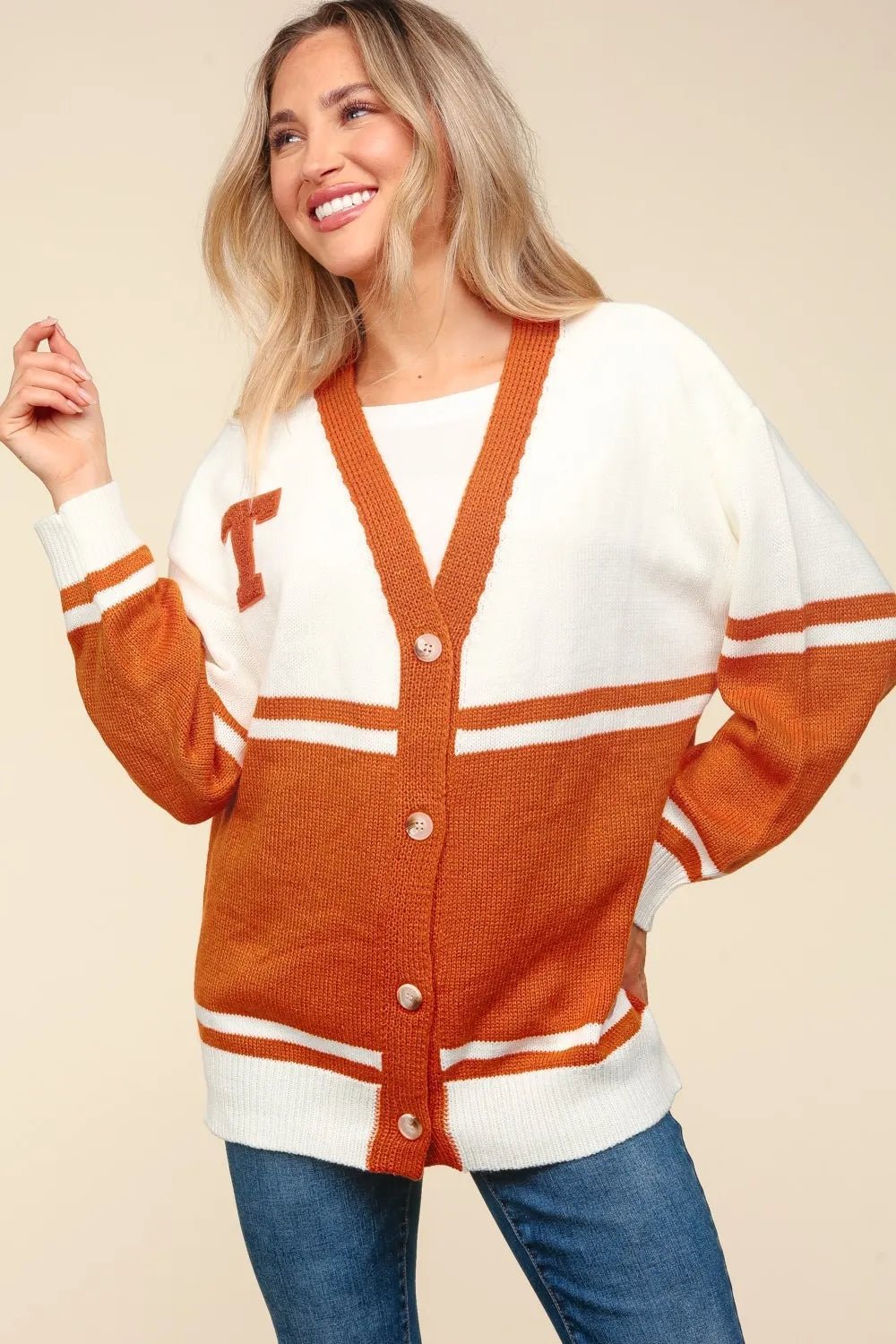 Haptics Full Size V Neck Button Down Letter Patch Cardigan - JUST - JEN BOUTIQUE