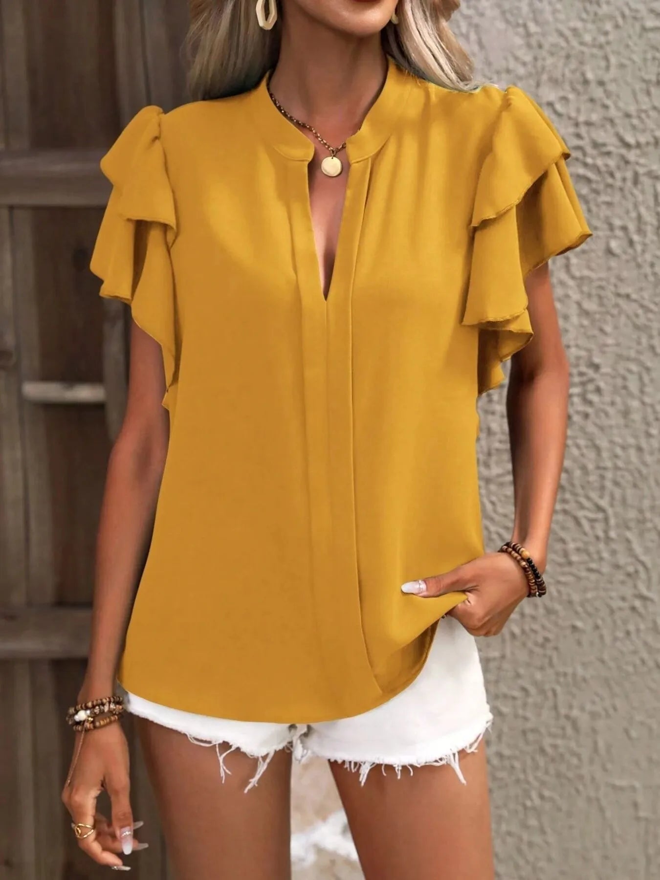 Ruffle Sleeve Notched Blouse - JUST - JEN BOUTIQUE