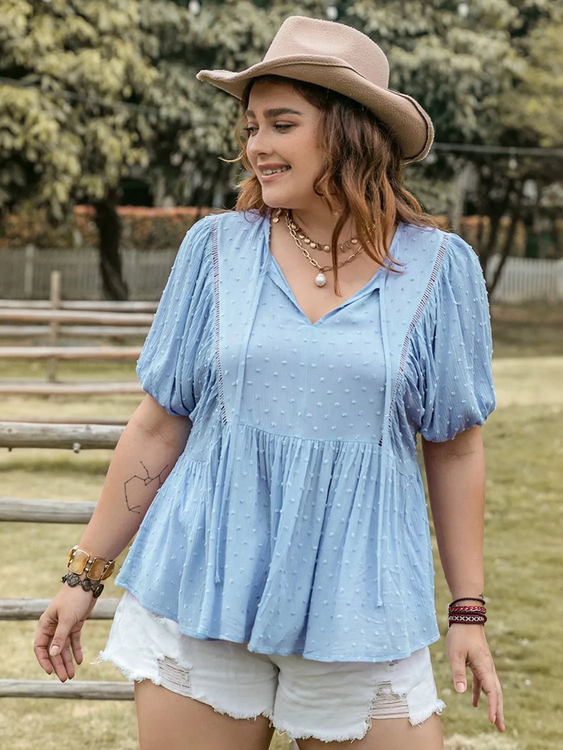 Plus Size Swiss Dot Tie Neck Short Sleeve Blouse - JUST - JEN BOUTIQUE
