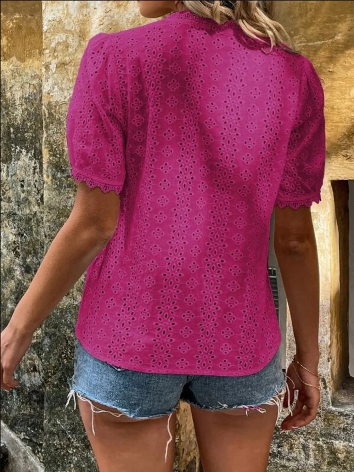 Full Size Eyelet V - Neck Short Sleeve Blouse Plus Size - JUST - JEN BOUTIQUE