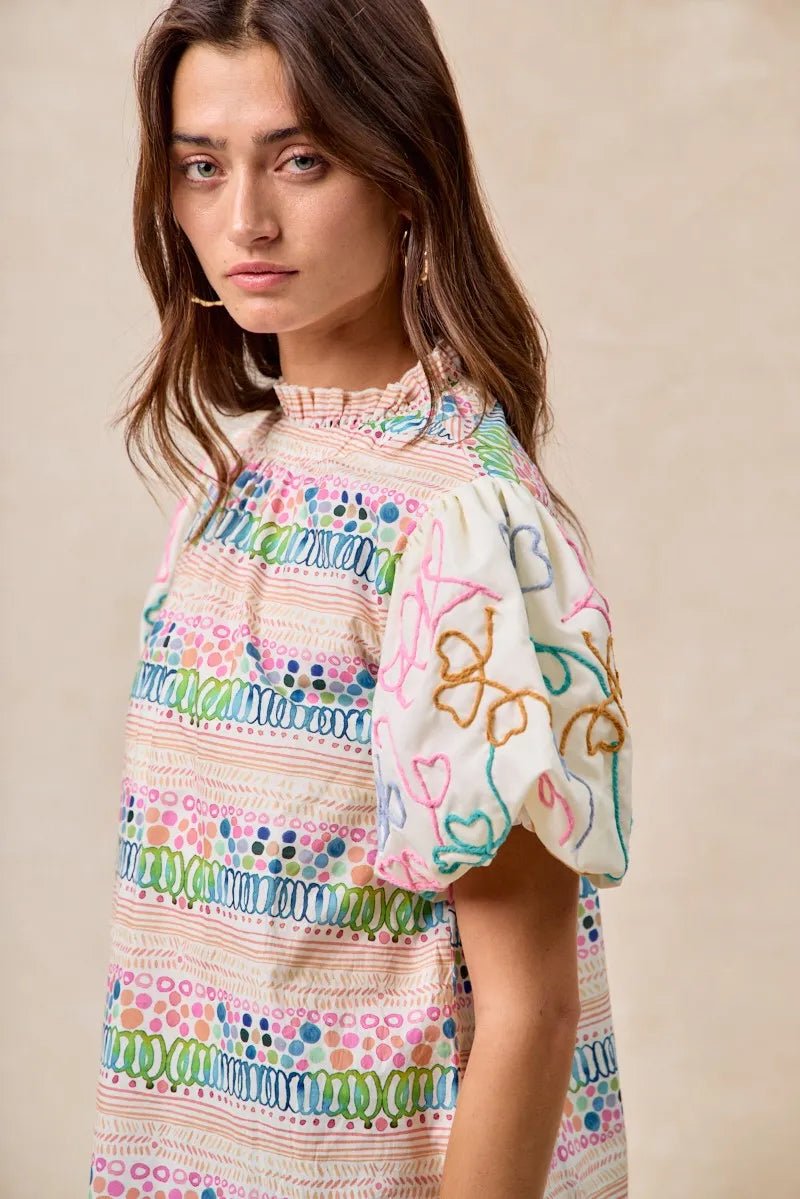 BiBi Ruffle Neckline Blouse With Embroidery Bubble Sleeve - JUST - JEN BOUTIQUE