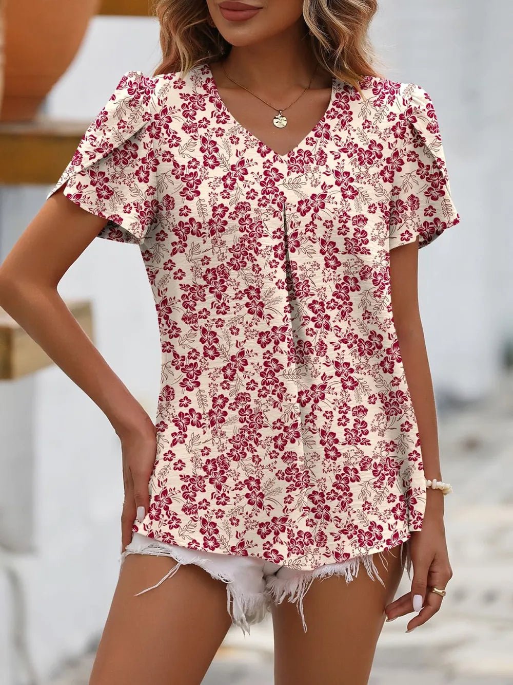 Mandy Ruche V - Neck Petal Sleeve Top - JUST - JEN BOUTIQUE