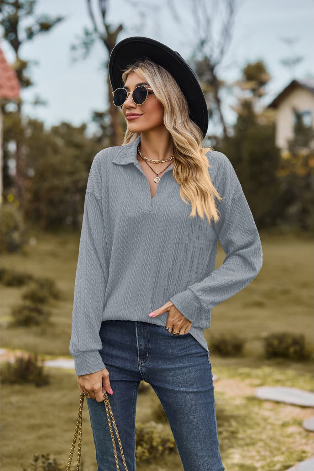 Collared Neck Cable - Knit Long Sleeve Blouse - JUST - JEN BOUTIQUE